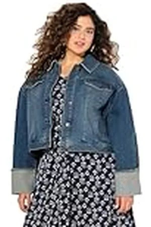 Ulla Popken Dames grote maten grote maten plus size jeansjas, franjes, hemdkraag, brede mouwomslag, , 46/48 NL