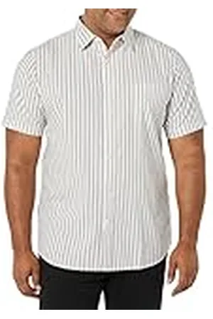 Amazon Heren Slim-Fit Poplin Shirt met korte mouwen, roze groenblauw strepen, XS