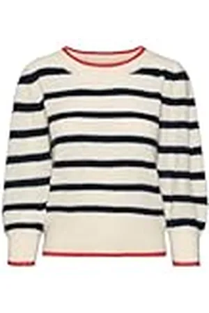 VERO MODA VMVIGGA 3/4 Rib Pullover GA Boo REP, Birch/Stripes: w. Navy Blazer + Fiery Red Contrast, XS