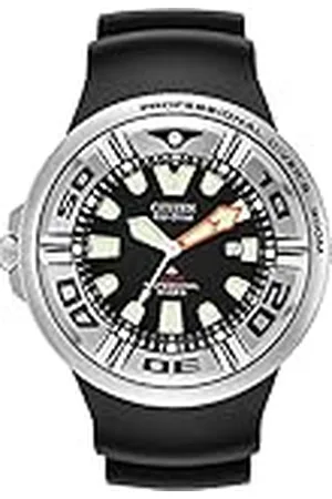 Citizen Promaster Duik Eco-Drive Horloge, 3-wijzers datum, polyurethaan band, ISO-gecertificeerd, anti-reflecterend gebogen kristal, geschroefde behuizing en kroon, Zwarte draagriem/zwarte