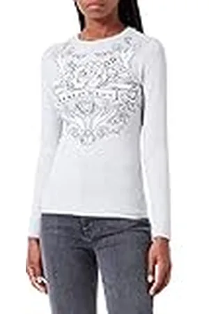 Moschino Dames Tight-Fitting Lange Mouwen Rose and Hand Print met Transparant Rhinestones T-shirt, , 38
