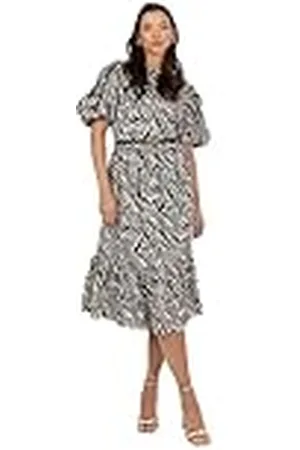 Lovedrobe Midi-jurk voor dames, ronde hals, korte pofmouwen, ruches, ruches, detail, strikje, rug, bedrukt, A-lijn, smart casual, , 44