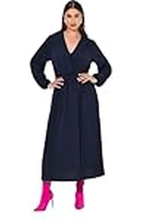 Ulla Popken Midi-jurk voor dames, wikkellook, A-lijn, V-hals, lange mouwen, , 50-52
