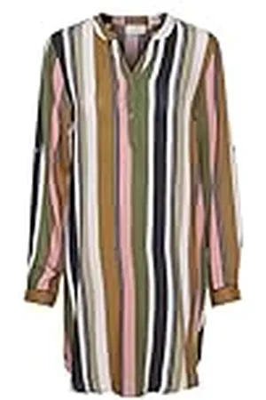 Kaffe Dames T-shirt, tuniek met oprolbare mouwen, oversized lange blouse casual jurk, groen/roze streep print, 44