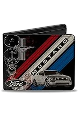 Buckle Buckle Down Heren Portemonnee Mustang Tri-Bar Logo/Diagonale Streep/Blauwdruk Zwart/Bi-Fold, Meerkleurig, 4.0" x 3.5"