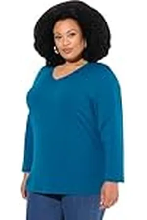 Ulla Popken Dames grote maten plus size shirt, V-hals, relaxed, lange mouwen, , 50/52 NL