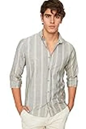 Trendyol Heren Khaki Heren Slim Fit Button Collar Dun Gestreept Shirt, L