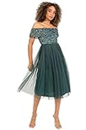 Maya Deluxe Bardot-jurk voor dames, midi-jurk met hoge taille en pailletten, versierd, formeel evenement voor bruiloft, gast, bruidsmeisjesjurk, , 42