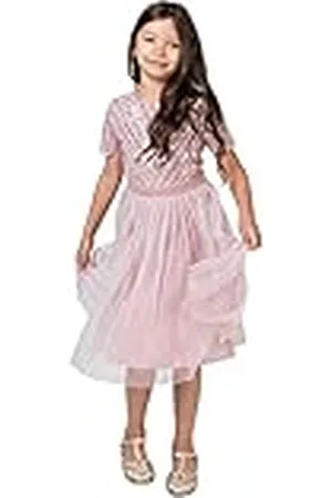 Maya Deluxe Meisjesjurk voor bruiloft met pailletten verfraaiing korte mouw prom verjaardagsfeestje bruidsmeisje, mat roze, 9-10 jaar, , 9-10 Jaren