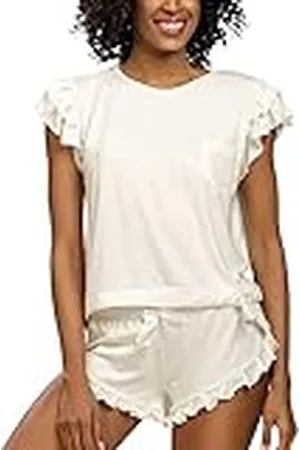 DKaren Lulu XS Damespyjama, tweedelige damespyjama, loungewear met korte mouwen en shorts, nachtkleding voor dames met zak en ruches, pyjamaset, kort, , , XS