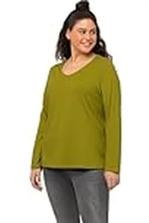 Ulla Popken Dames grote maten grote maten plus size shirt, slim, V-hals, lange mouwen, , 62/64 NL