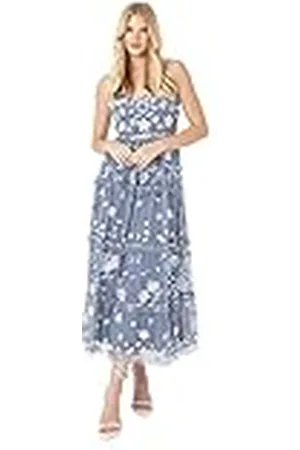 Maya Deluxe Womens Midi Jurk Dames Geborduurde Bloemen Ruche Mouwloze V-hals Jurk voor Bruiloft Gast Bruidsmeisje Prom Avond Stoffig Blauw Maat 12 UK, , 34