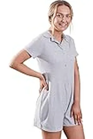OHS Clothing Geborsteld Geribbelde Playsuit Korte Mouw Knop Womens Romper Mini Jumpsuit PJs, - Small