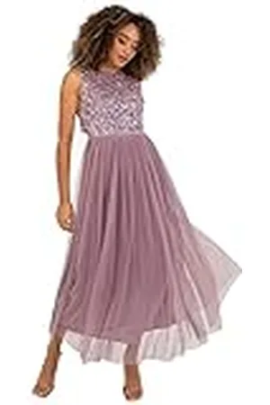 Maya Deluxe Vrouwen Midaxi Jurk Dames Mouwloze Pailletten Hoge Empire Taille Tule Versierd voor Bruiloft Gast Bal Bruidsmeisje, , 46