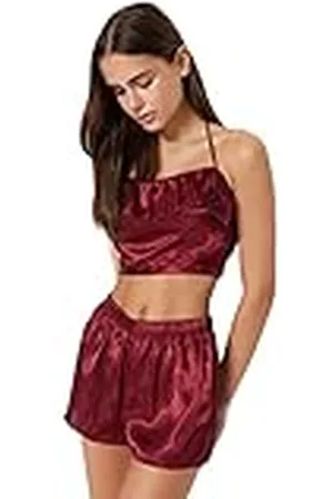 Trendyol Dames effen ruches gedetailleerde geweven hemdshorts pyjamaset, , 60