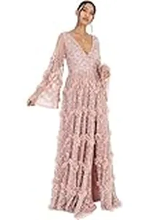 Maya Deluxe Maxi-jurk voor dames, V-hals, pailletten, ruches, Empire-taille, split, voor bal, bruidsmeisje, bruiloftsgast, , 34