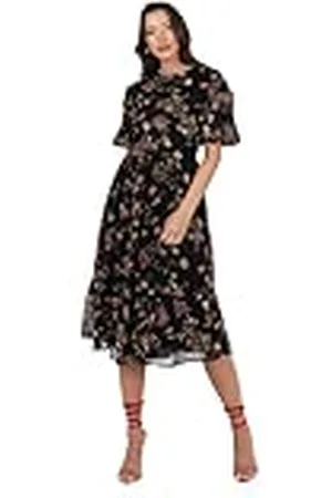 Lovedrobe Midi-jurk voor dames, ronde hals, korte pofmouwen, ruches, ruches, detail, strikje, rug, bedrukt, A-lijn, smart casual, , 50