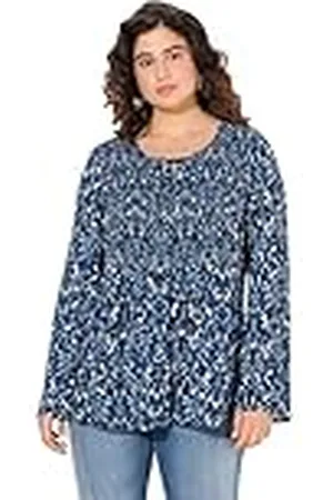Ulla Popken Grote maten grote maten plus size blouse, gesmokt, ronde hals, uitlopende lange mouwen, , 58-60