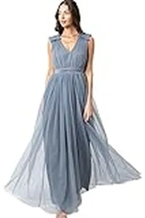 Maya Deluxe Maxi-jurk voor dames, met ruches, schouderdetail, bruidsmeisje, stoffig blauw, 8