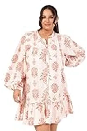 Lovedrobe Dames hemdjurk knielang lange ballonmouwen kraag hals gelaagde zoom losse knopen bloemen katoen smock, , 46