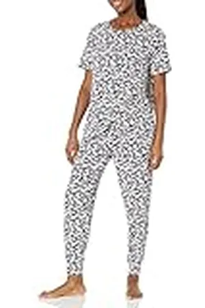 Amazon Katoenen pyjamaset voor dames, marineblauw silhouet bloemen, groot