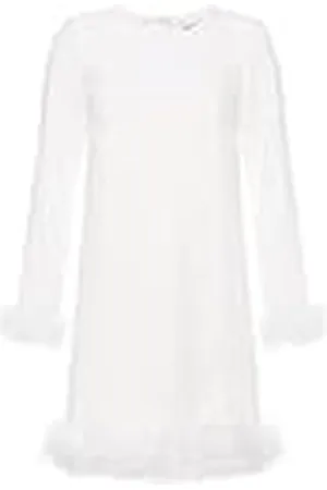 Swing Roxy Elegante feestelijke jurk voor dames, partyjurk, avondjurk, cocktailjurk, baljurk met natuurlijke veren, lange mouwen, zwart, maat 42 (XL), , M