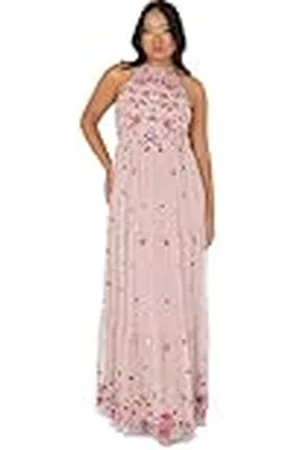 Maya Deluxe Maxi-jurk voor dames, mouwloze halterhals, gelaagde bloemenborduurde, A-lijn voor bruiloft, gast, avondbaljurk, , 50