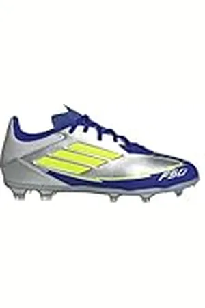 adidas Uniseks-Kind F50 LEAGUE Football boots Firm Ground, Silver Metallic/Solar Yellow/Lucid Blue, 34 EU