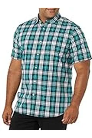 Amazon Heren Slim-Fit Poplin Shirt met korte mouwen, groenblauw wit geruit, S