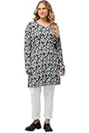 Ulla Popken Dameskleding Plus Size Curvy Fun Print Lange Mouw V-hals Tuniek Tee 826837, , 16-18