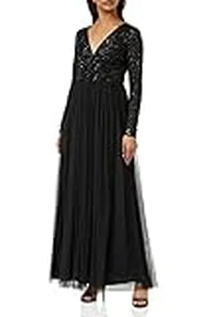 Maya Deluxe Maxi-jurk voor dames, lange mouwen, V-hals, diepe pailletten, verfraaid voor bruiloft, gast, bruidsmeisje, gala, , 38