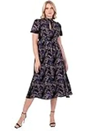 Lovedrobe Midi-jurk voor dames, hoge hals, korte pofmouwen, sleutelgat voor open rug, strik, bloemenprint, zijsplit-feest, multi 14, Meerkleurig, 40