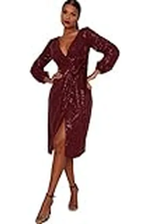 Chi Chi London Midi feestjurk met lovertjes voor dames, met omslagontwerp in rode cocktail, bordeaux, 10, , 36