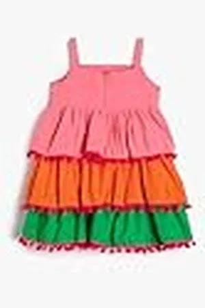 Koton Babygirls Color Block Strappy Diered Pom Detail Cotton Dress, , 6-9 Monate