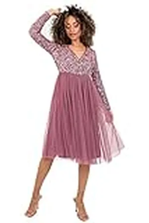 Maya Deluxe Maya Faux Warp Front Verfraaid Midi Jurk Bruidsmeisje, , 34