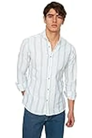 Trendyol Heren White Slim Fit Button Collar Thin Striped New Shirt, S