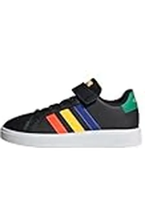 adidas Grand Court schoenen met elastische veters en bandjes aan de bovenkant, sneakers, uniseks-kind, kern zwart/lichtblauw/lichtgroen, 35,5 EU