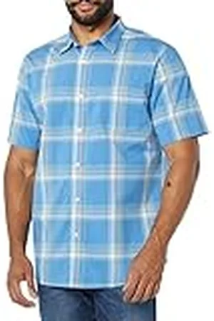 Amazon Heren Slim-Fit Poplin Shirt met korte mouwen, lichtblauw oranje geruit, X-Large