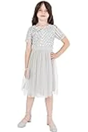 Maya Deluxe Midi-jurk voor meisjes voor bruiloft met lovertjes versiering korte mouwen prom verjaardagsfeestje bruidsmeisje, , 5-6 jaar