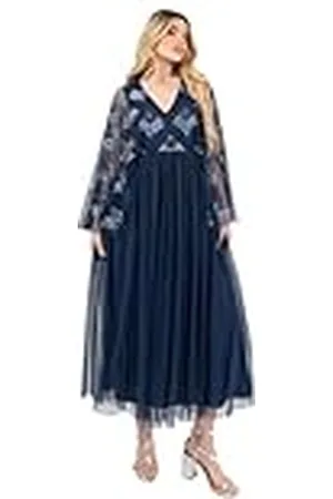 Maya Deluxe Midaxi Damesjurk, V-hals, lange mouwen, pailletten, verfraaid, Empire, A-lijn, tule, evening, bal, dames, , 48