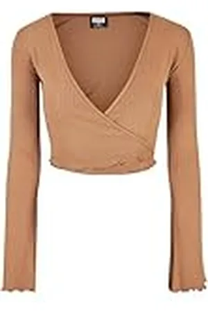 Urban classics Dames Dames Cropped Rib Wrapped T-shirt met lange mouwen, darktaupe, 5XL, , 5XL