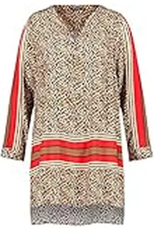 Samoon Dames uitlopende blouse met 3/4 mouwen, nauwsluitend, casual tuniek, blouse grote maten vloeiend 3/4 mouw, Light Tannin Brown patroon, 44