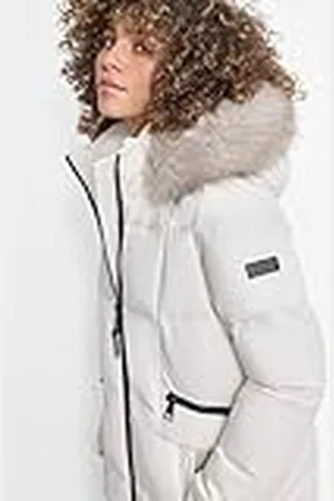 DKNY Dames Zip Front met Nep Bont Hoodie, Pearl, Large Jacket, L, , L
