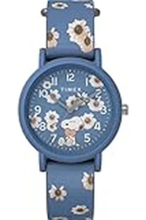 Timex Peanuts 34 mm dameshorloge - blauwe stof, doorschuifbandje, enkele laag, blauwe wijzerplaat, blauwe kast, TW2W33500