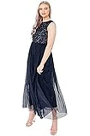 Maya Deluxe Vrouwen Midaxi Jurk Dames Mouwloze Pailletten Hoge Empire Taille Tule Versierd voor Bruiloft Gast Bal Bruidsmeisje, , 48