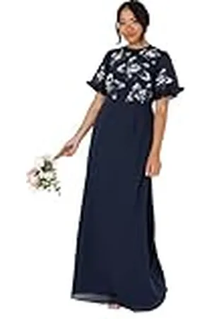 Maya Deluxe Maxi-jurk voor dames, korte engelenmouwen, ronde hals, bloemen, pailletten, verfraaid A-lijn voor bruiloftsgast, baljurk, , 46