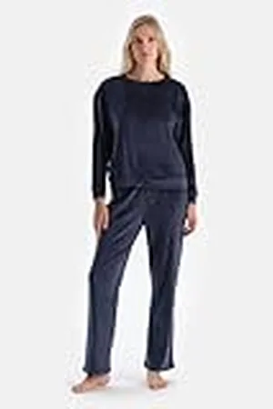 Dagi Dames Navy Crew Neck Long Sleeve Velvet Pyjama Set, L, , L