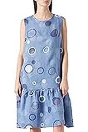 Bonateks Middellange ronde kraag jurk met print en gekrulde onderkant, 100% linnen, DE-maat: 42 US maat: XL, blauwe jeans - gemaakt in Italië, , 42