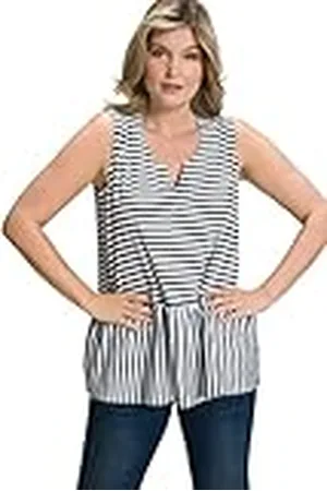 Ulla Popken Damestop, strepen, A-lijn, tuniekhals, mouwloos T-shirt, , 46/48