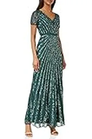 Maya Deluxe Maxi dames verfraaid pailletten jurk lange korte mouw V-hals hoge Empire taille een cut glanzend prom bruiloft bruidsmeisje, , 38